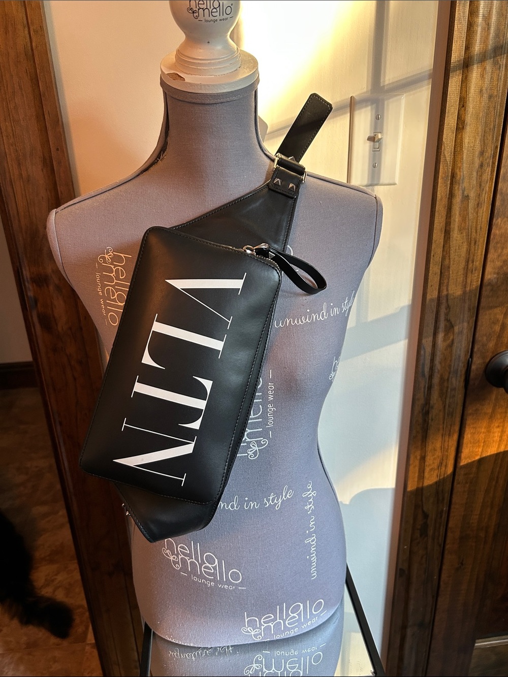 Valentino Garavani Black Leather Logo Belt Bag with White Print